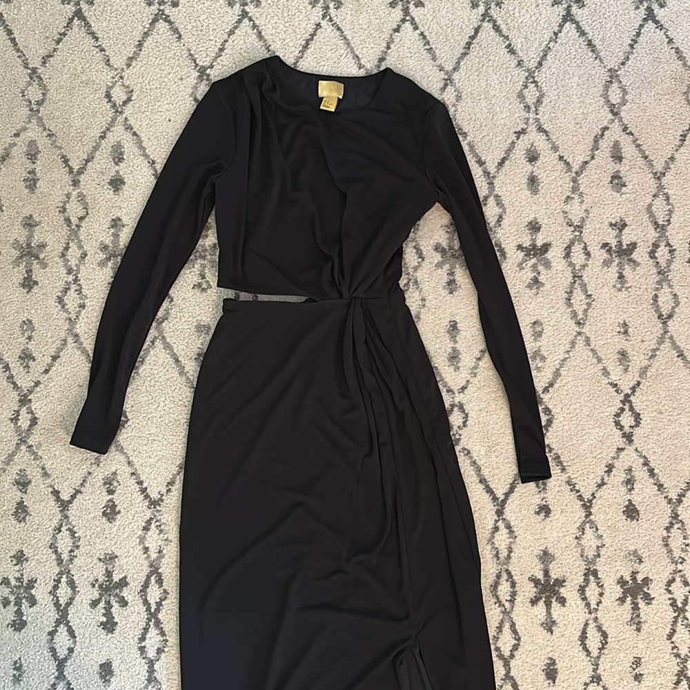 H&M Black Asymmetrical Long Sleeve Waist Cut Out Dress with a slit.